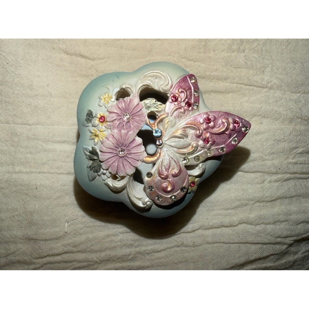 Pink and blue butterfly and floral and rhinestones trinket box 2"